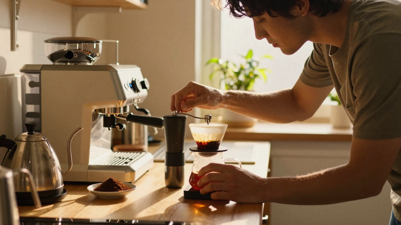 Jovem preparando café coado na cozinha com cafeteira elétrica e moinho de café na bancada.