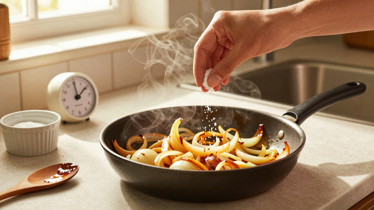 Mão salpicando sal em cebolas douradas e fumegantes na frigideira em cozinha iluminada.
