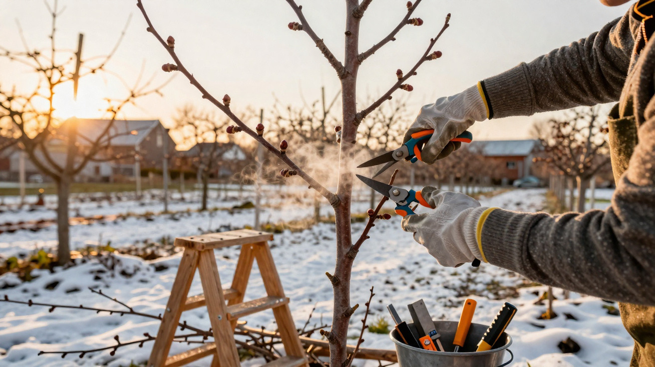Pessoa podando árvore frutífera no pomar com neve e sol ao fundo, usando luvas e tesoura de poda.