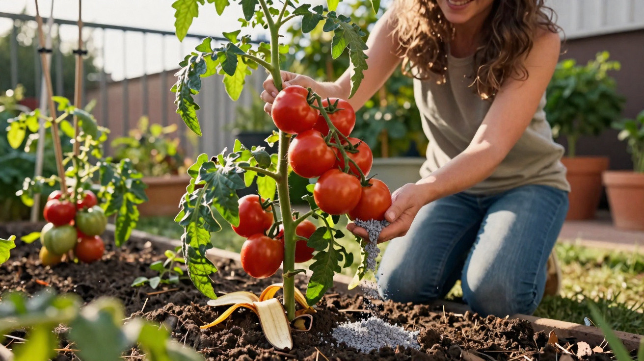Mulher agachada adubando planta de tomate com frutos vermelhos maduros em jardim ensolarado.