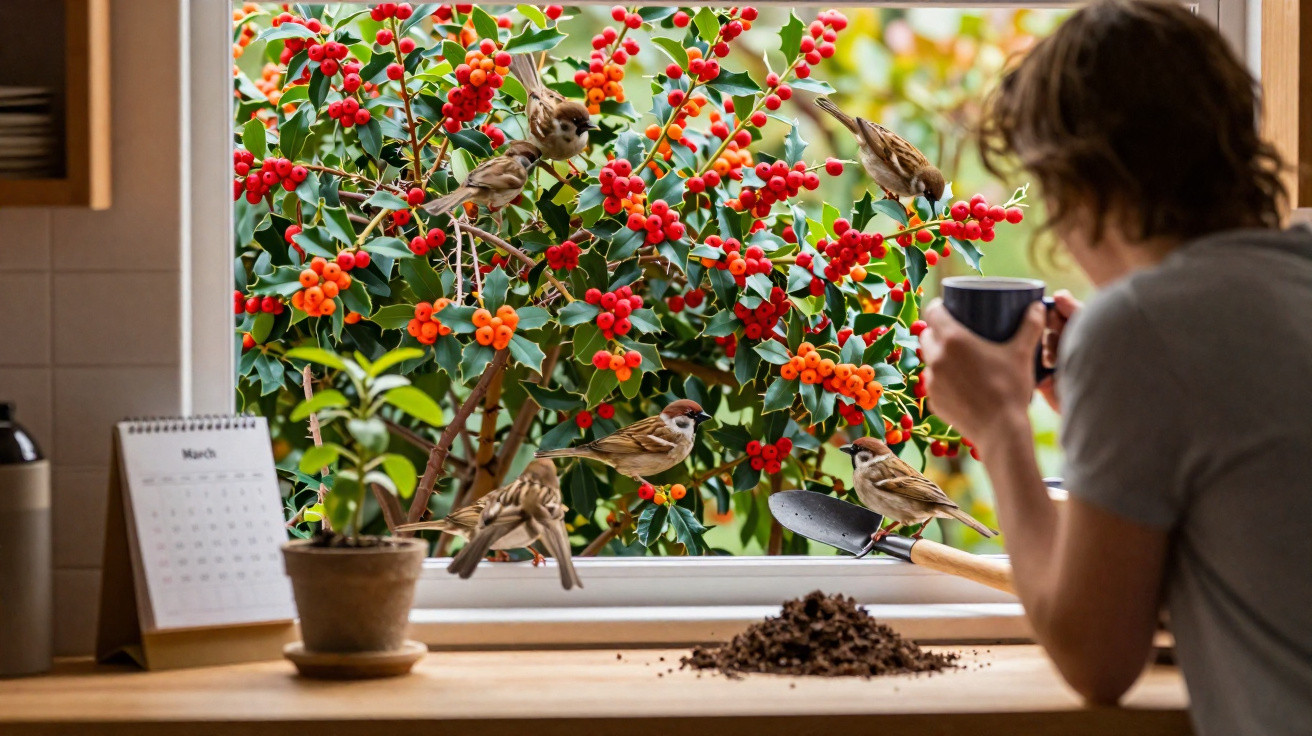 Pessoa tomando café próxima a janela aberta com pá e terra, observando pardais em arbusto com frutas vermelhas.
