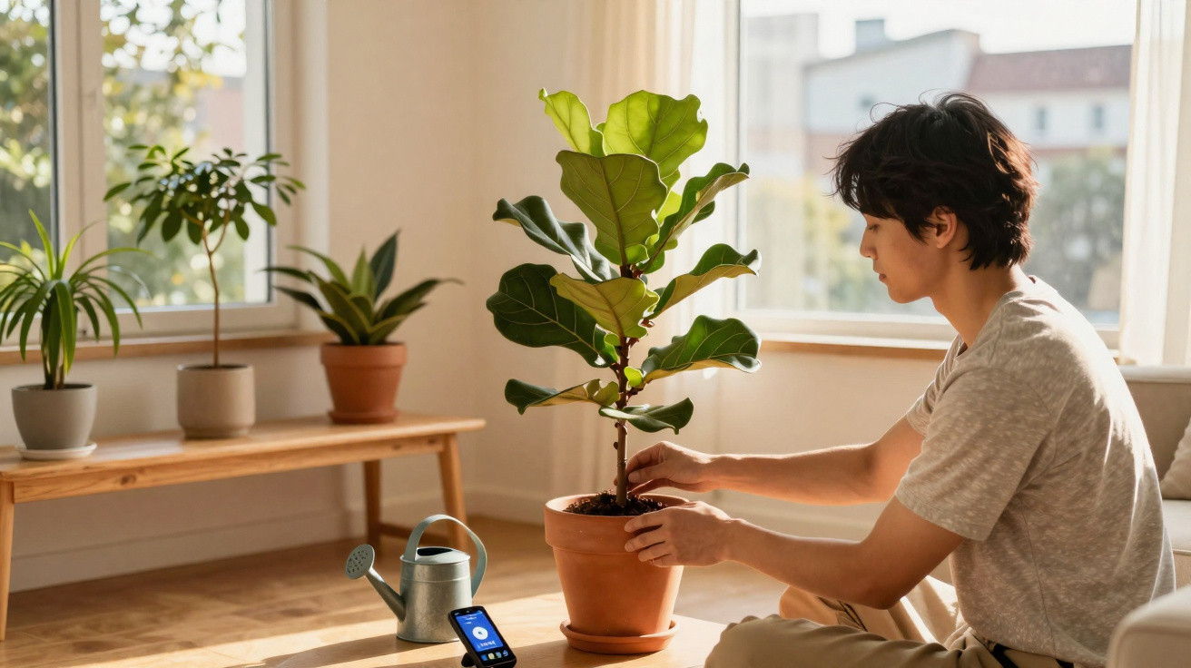 Pessoa cuidando de planta em vaso em ambiente iluminado por luz natural com regador e celular ao lado.