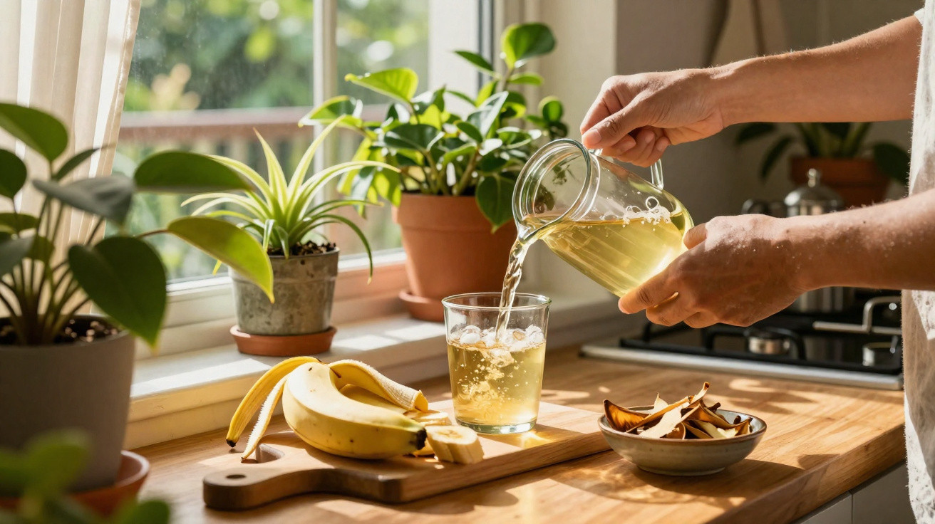 Pessoa servindo chá gelado em copo na cozinha com banana e plantas ao fundo.