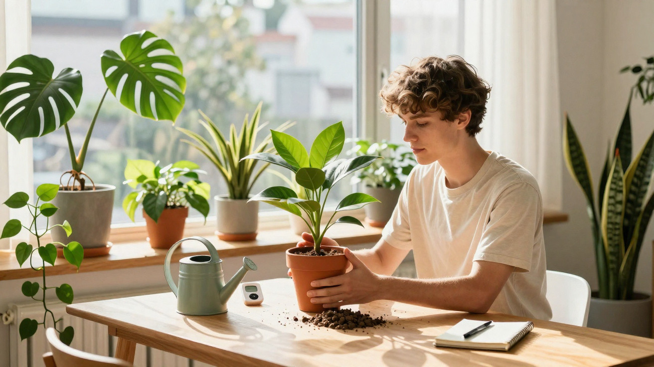 Jovem cuidando de planta em vaso dentro de casa, com regador e caderno sobre a mesa iluminada pela luz natural.