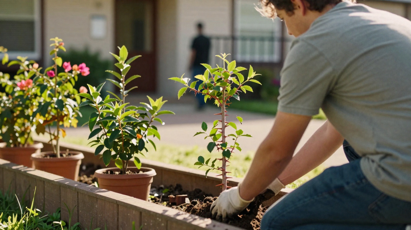 Pessoa plantando muda em canteiro com outras plantas em vasos no jardim residencial.
