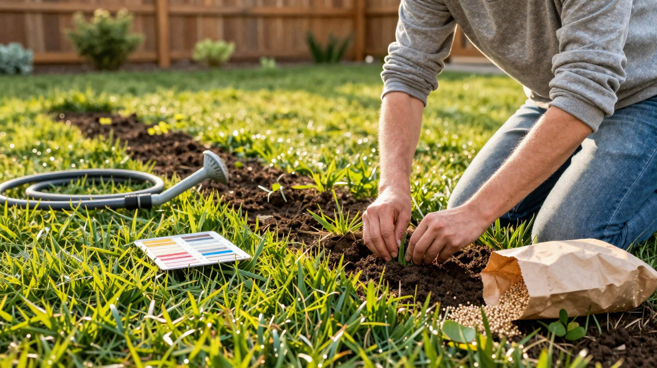 Pessoa plantando mudas em jardim com regador e saco de sementes ao lado em área gramada.