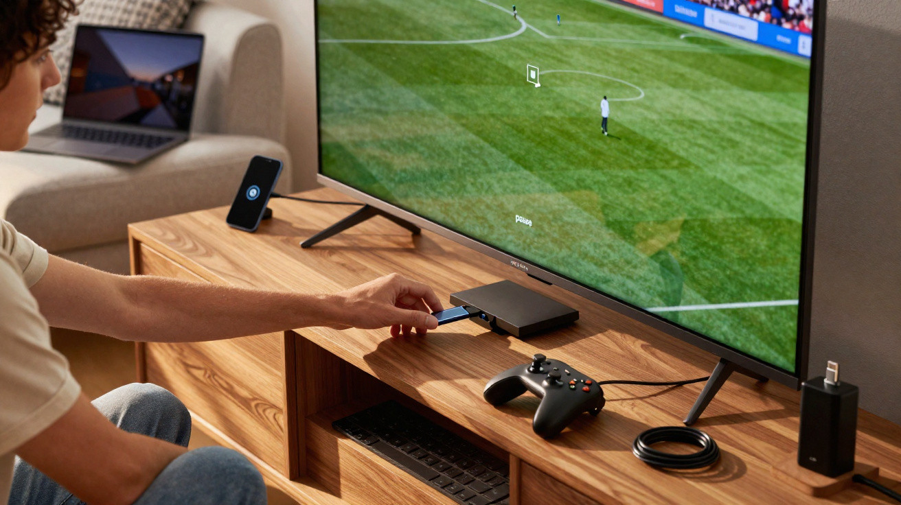 Pessoa conectando pen drive em console de videogame para assistir partida de futebol na TV.