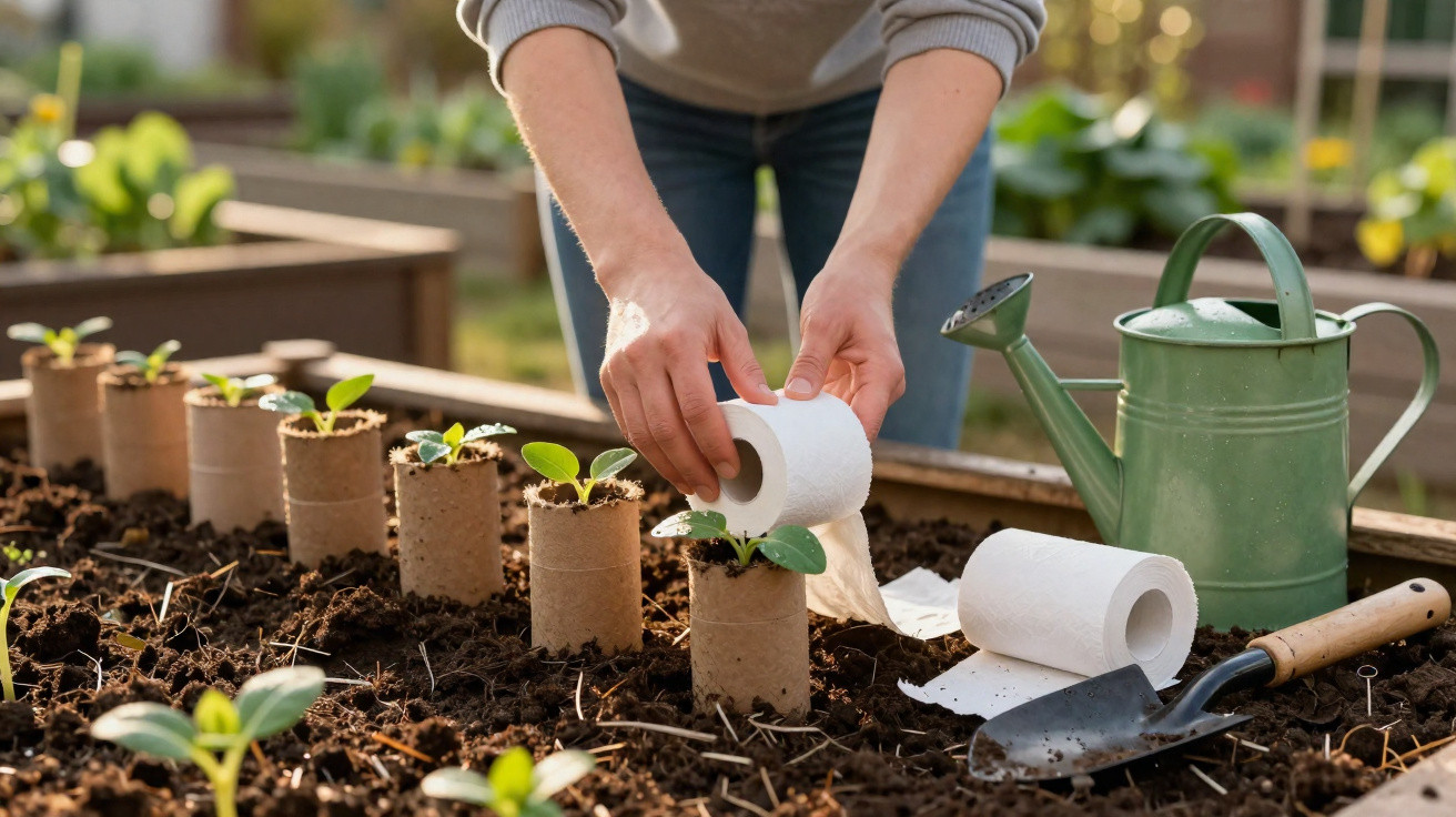 Pessoa usando papel higiênico para cobrir mudas em tubo de papel no jardim, com regador e pá ao lado.