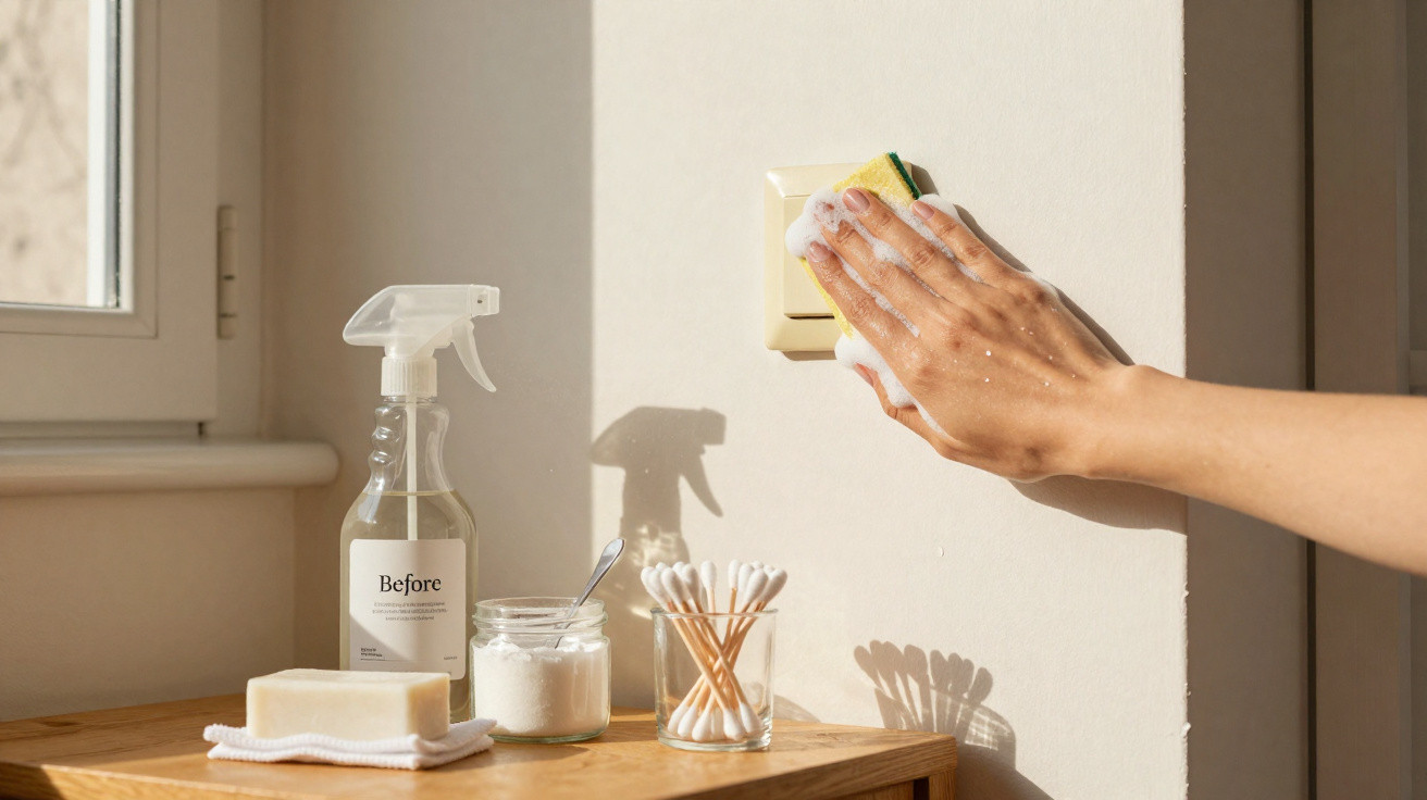 Pessoa limpando interruptor de luz com esponja enquanto produtos de limpeza naturais estão sobre móvel.