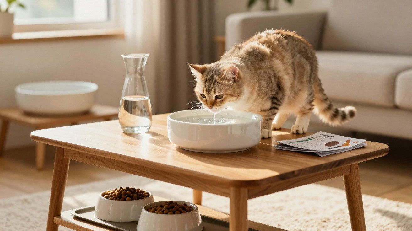Gato bebendo água em tigela sobre mesa de madeira em sala com sofá ao fundo.