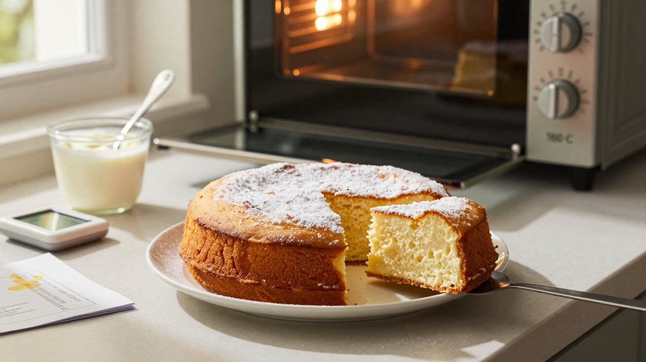 Bolo branco fofo com açúcar de confeiteiro em prato, fatia servida, próximo a forno elétrico e copo de iogurte.