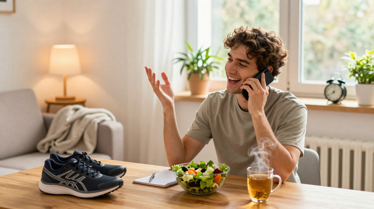 Homem sorridente fala ao celular sentado à mesa com salada, chá quente e tênis em ambiente iluminado.