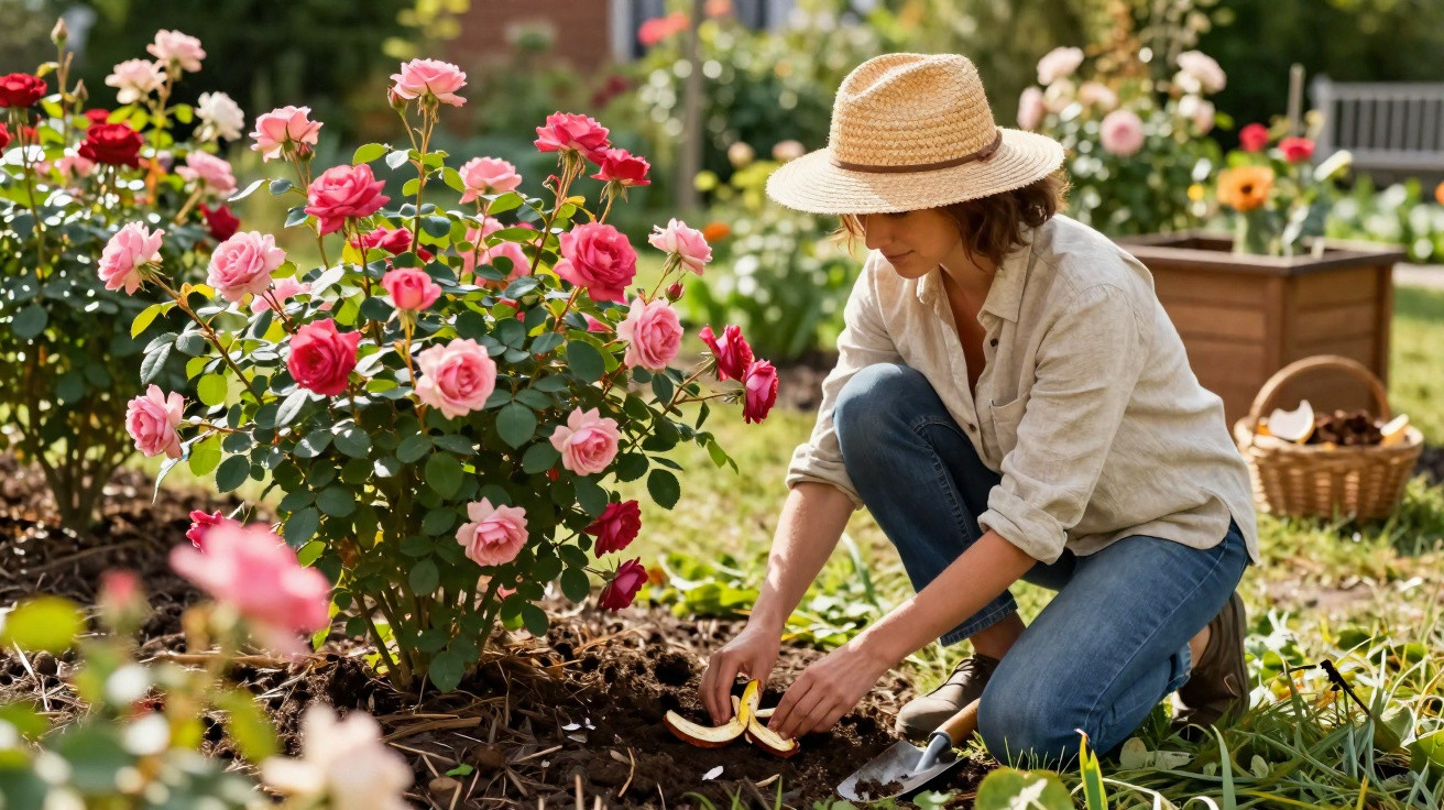Mulher de chapéu cuidando de roseira com flores rosa e vermelhas em jardim ao ar livre.