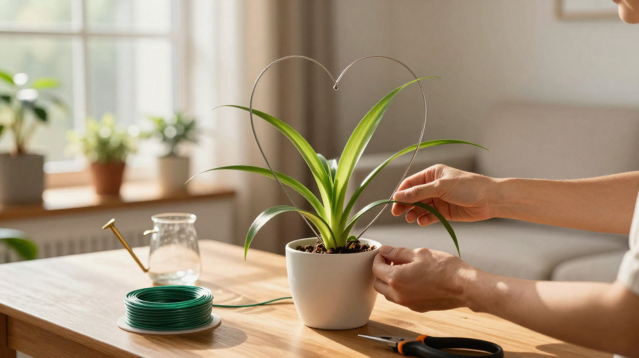 Mãos moldam arame em forma de coração ao redor de planta em vaso branco sobre mesa de madeira.