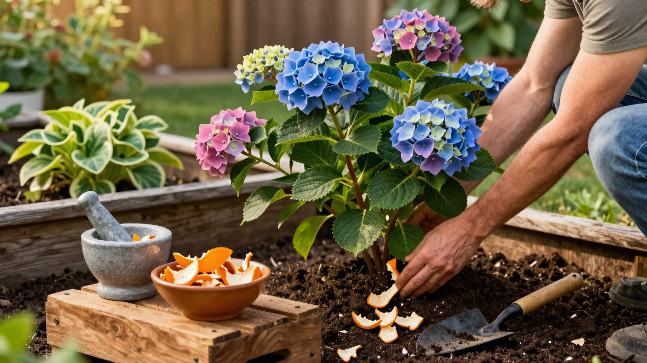 Pessoa aplicando cascas de laranja ao solo próximo a uma planta florida com flores lilás e azul no jardim.