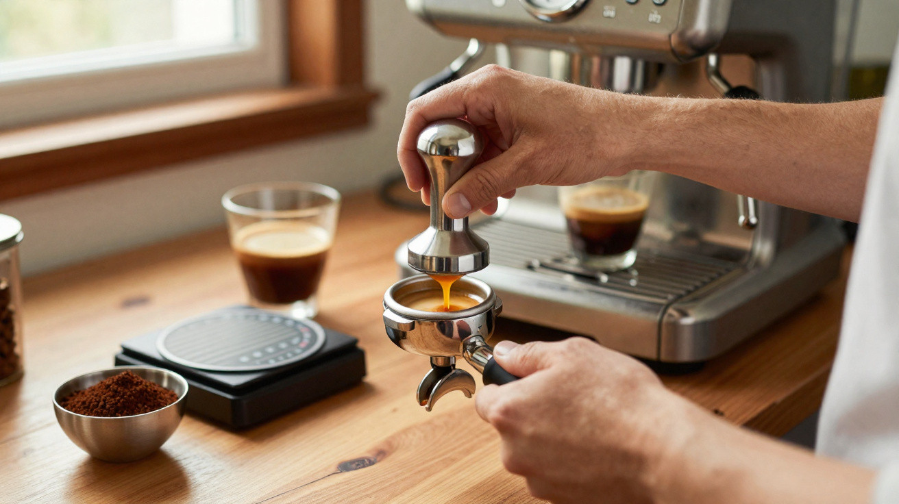 Pessoa usando tamper para espresso em porta-filtro com máquina de café e xícaras ao fundo em bancada de madeira.