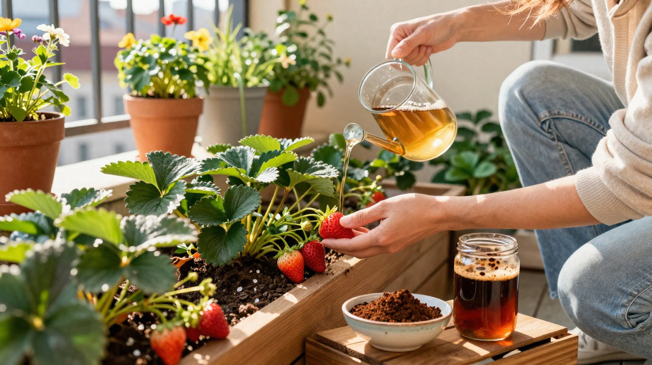 Pessoa regando plantas de morango em vaso, com xícara de café e prato com pó sobre mesa de madeira.