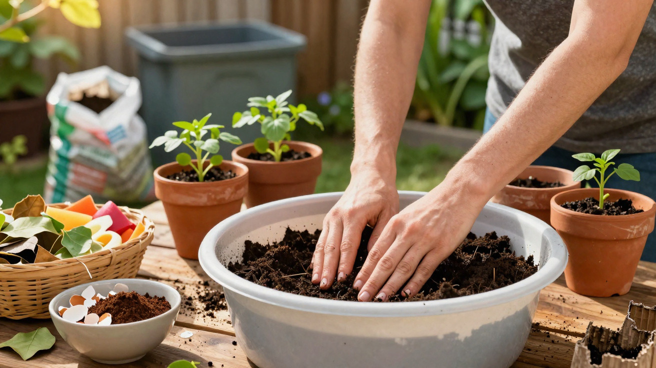Pessoa misturando terra em uma bandeja com vasos e materiais de jardinagem ao redor em jardim.