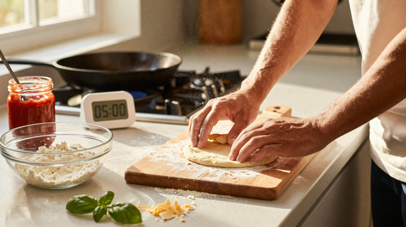 Mãos preparando massa de pizza em tábua de madeira com ingredientes e temporizador em cozinha iluminada.