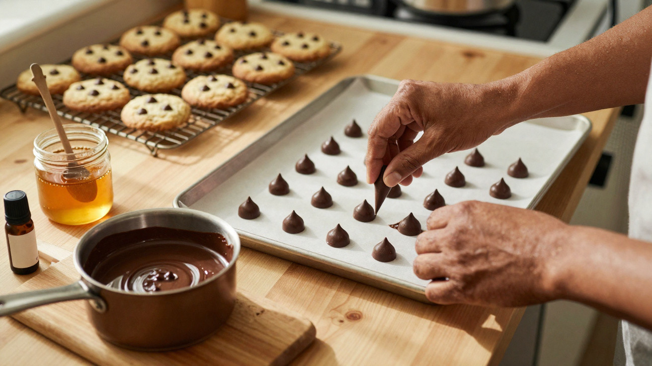 Mãos formando gotas de chocolate sobre papel manteiga, com biscoitos, mel e chocolate derretido na mesa.