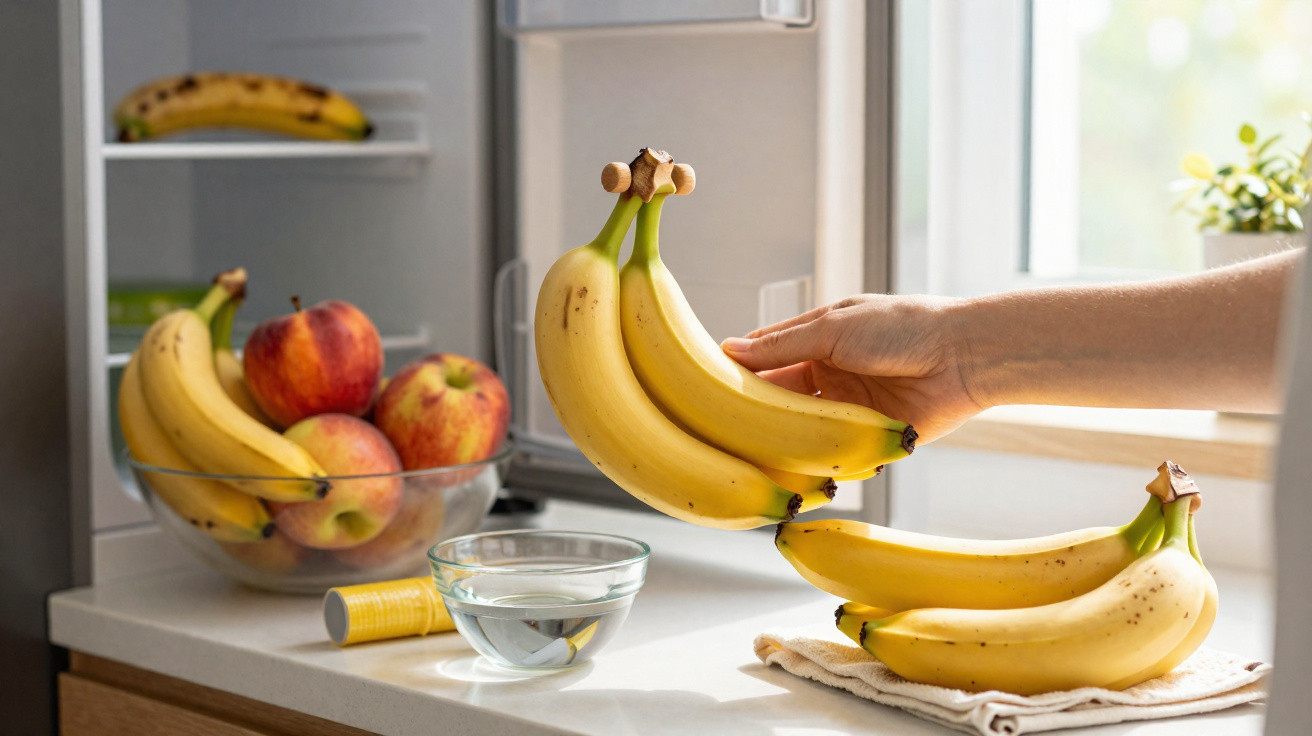 Pessoa segurando dois cachos de bananas maduras em cozinha iluminada, com frutas e tigela sobre balcão.
