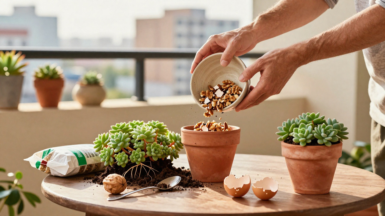Pessoa colocando cascas e nozes em vaso de barro para cultivo de suculentas em mesa com terra e utensílios.
