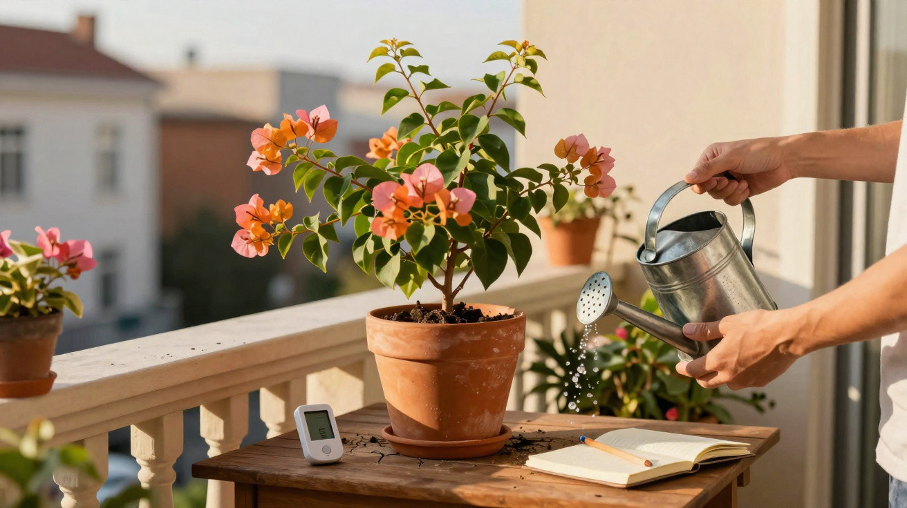 Pessoa regando planta com flores alaranjadas em vaso no parapeito ensolarado de sacada.