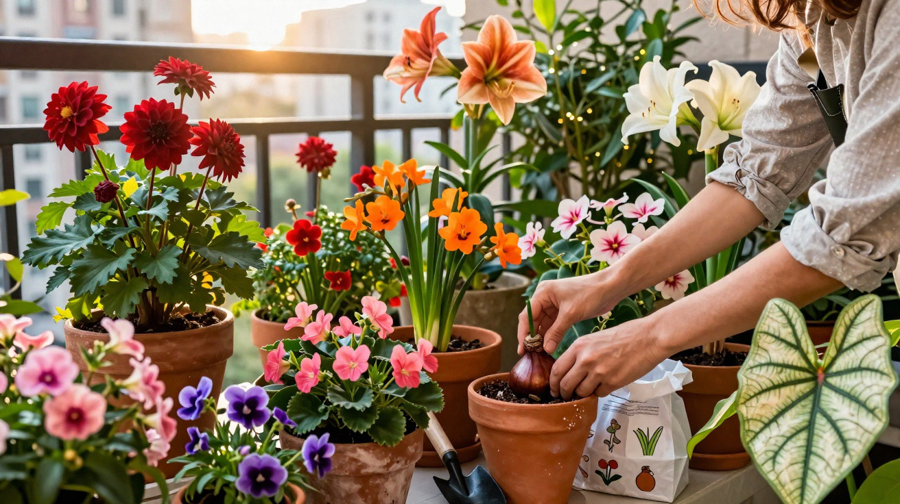 Pessoa plantando bulbo em vaso entre várias flores coloridas em varanda ensolarada.
