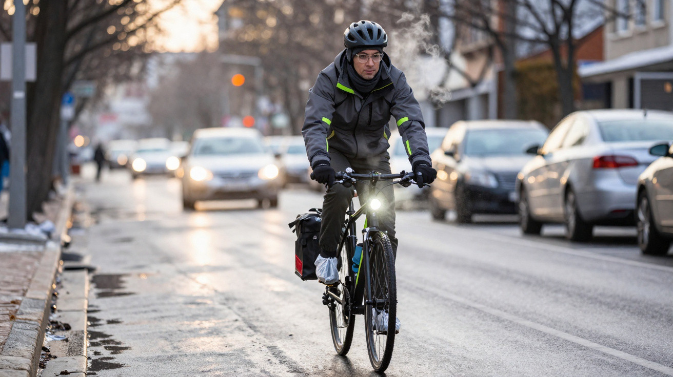Homem vestido para frio, usando capacete e óculos, pedalando bicicleta em rua urbana com carros ao fundo.