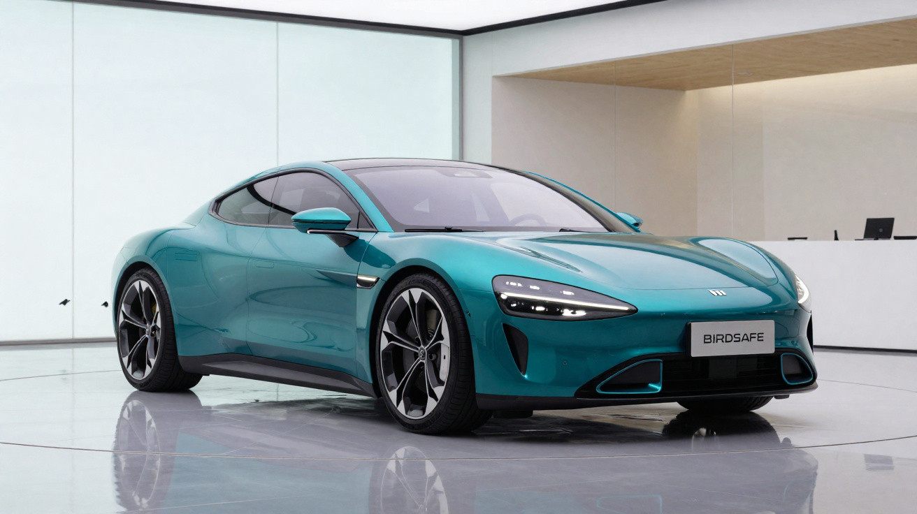 Carro esportivo elétrico verde com design aerodinâmico em ambiente moderno e iluminado.