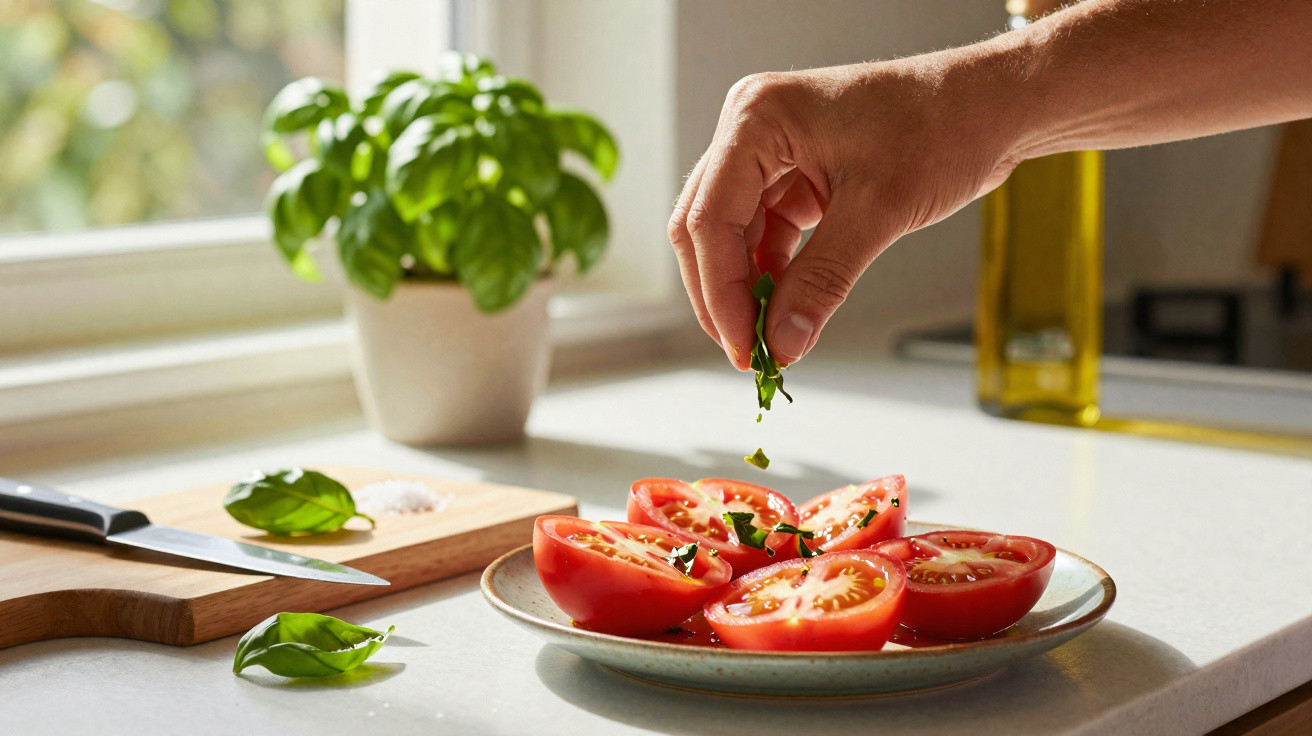 Mão acrescenta manjericão em tomates cortados ao meio em prato sobre bancada clara na cozinha.