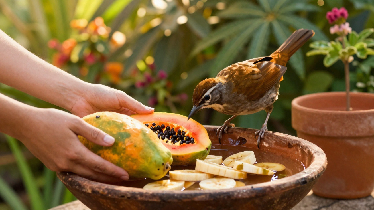 Pessoa oferecendo mamão cortado para pássaro marrom enquanto ele se alimenta em tigela com banana.