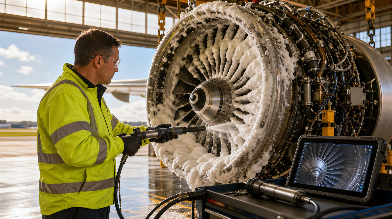 Técnico limpa motor de avião com jato de água em hangar, com tela diagnosticando turbina ao lado.