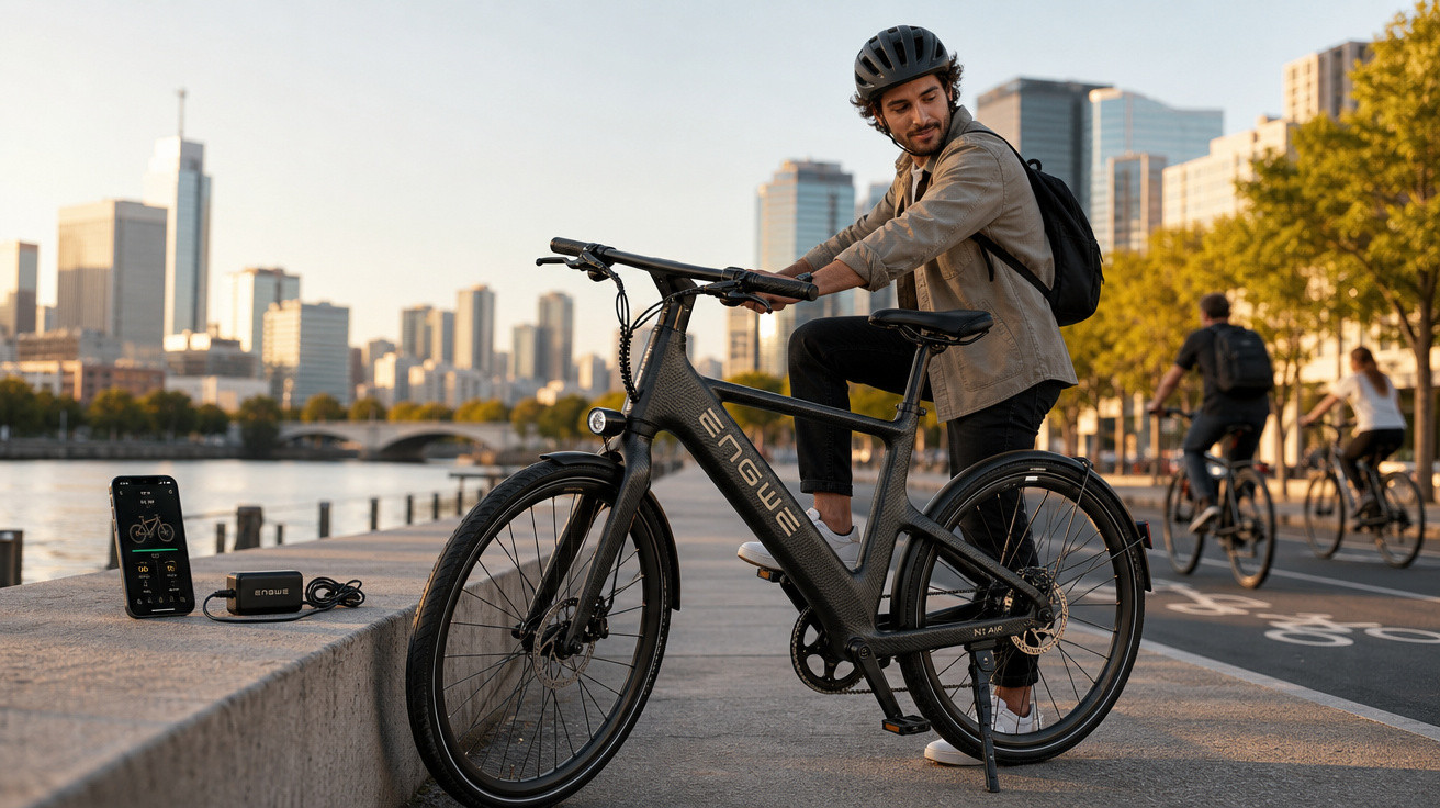 Homem com capacete ajusta bicicleta elétrica preta em calçadão urbano à beira do rio com prédios ao fundo.