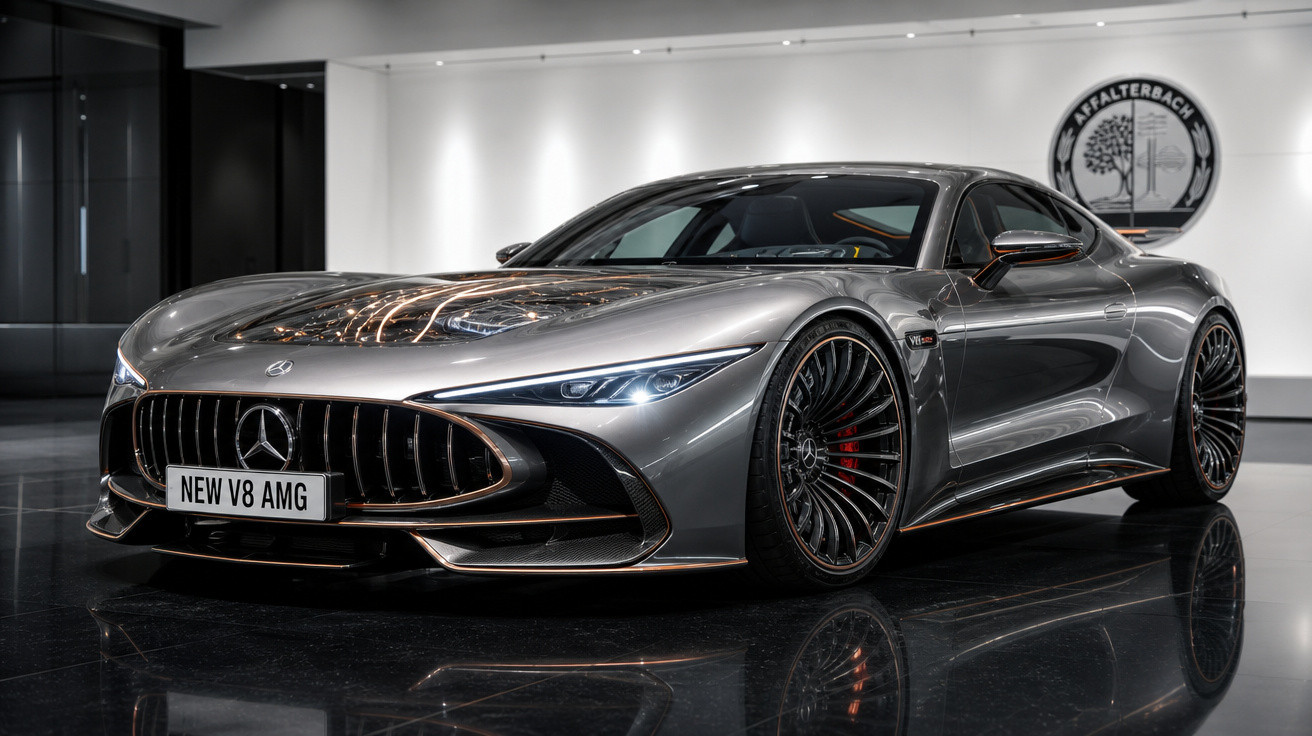 Carro esportivo Mercedes-Benz AMG V8 prata em showroom com rodas pretas e detalhes em cobre.