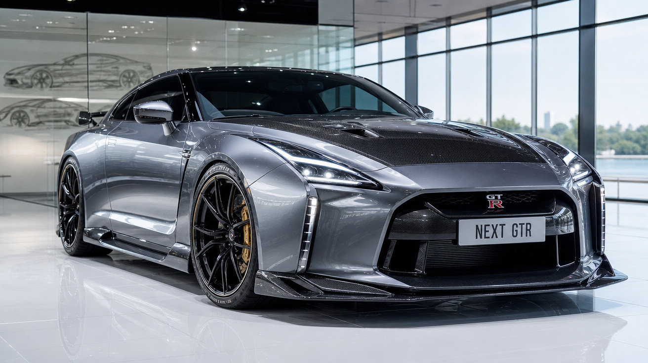 Carro esportivo cinza metálico Nissan GT-R estacionado em showroom moderno com vidro ao fundo.