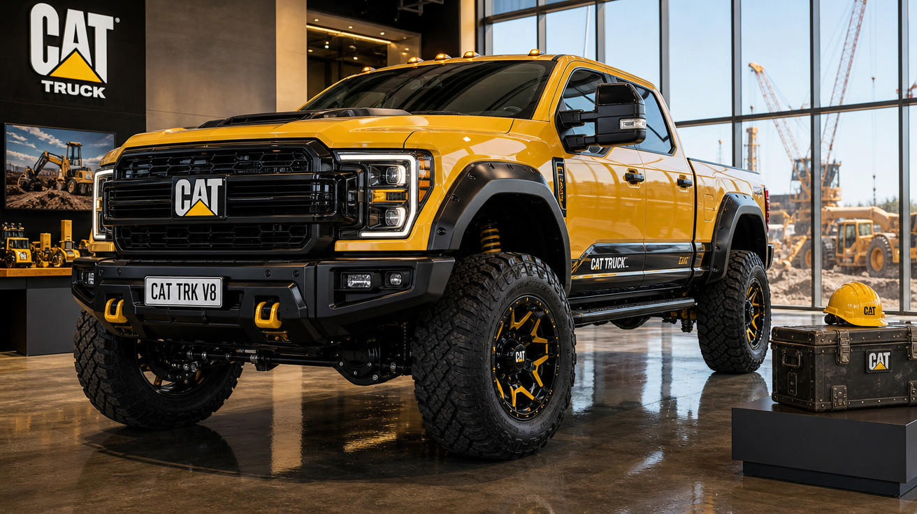 Picape amarela Cat Truck exibida em showroom com capacete e caixa ao lado.