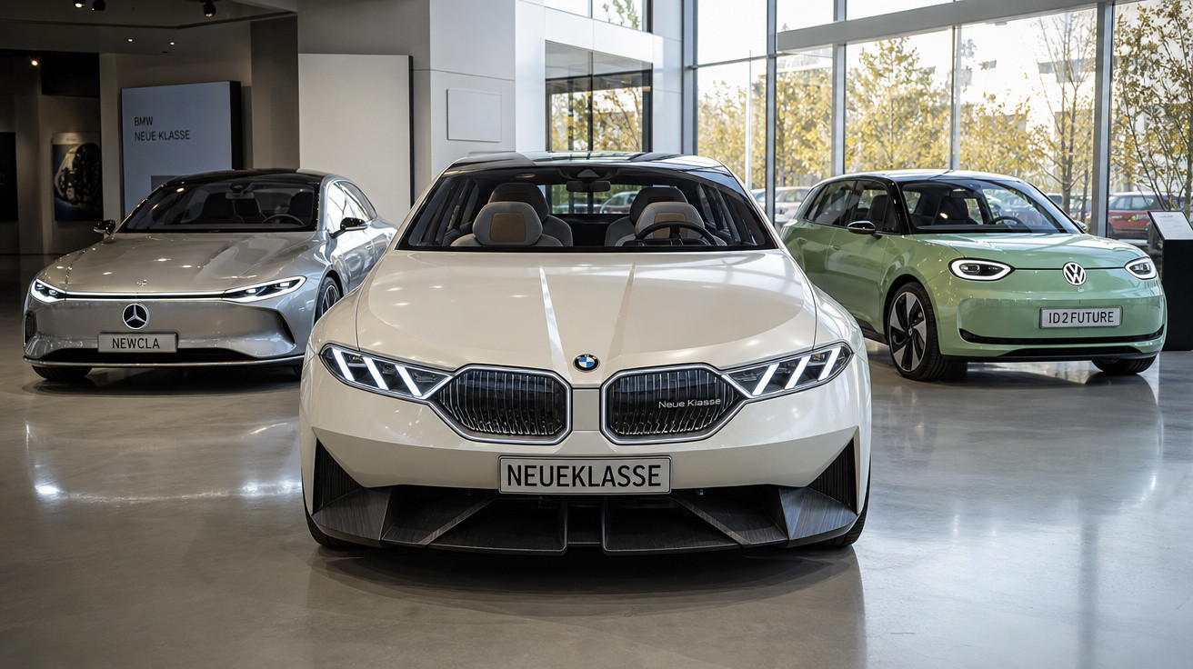 Três carros modernos expostos em showroom, com um BMW branco central, um Mercedes prata e um Volkswagen verde ao fundo.