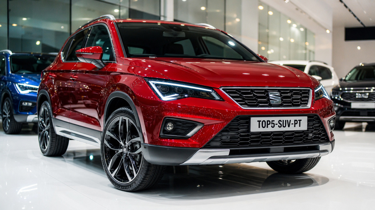 SUV vermelho brilhante modelo Seat Tarraco em exposição em showroom moderno e iluminado.