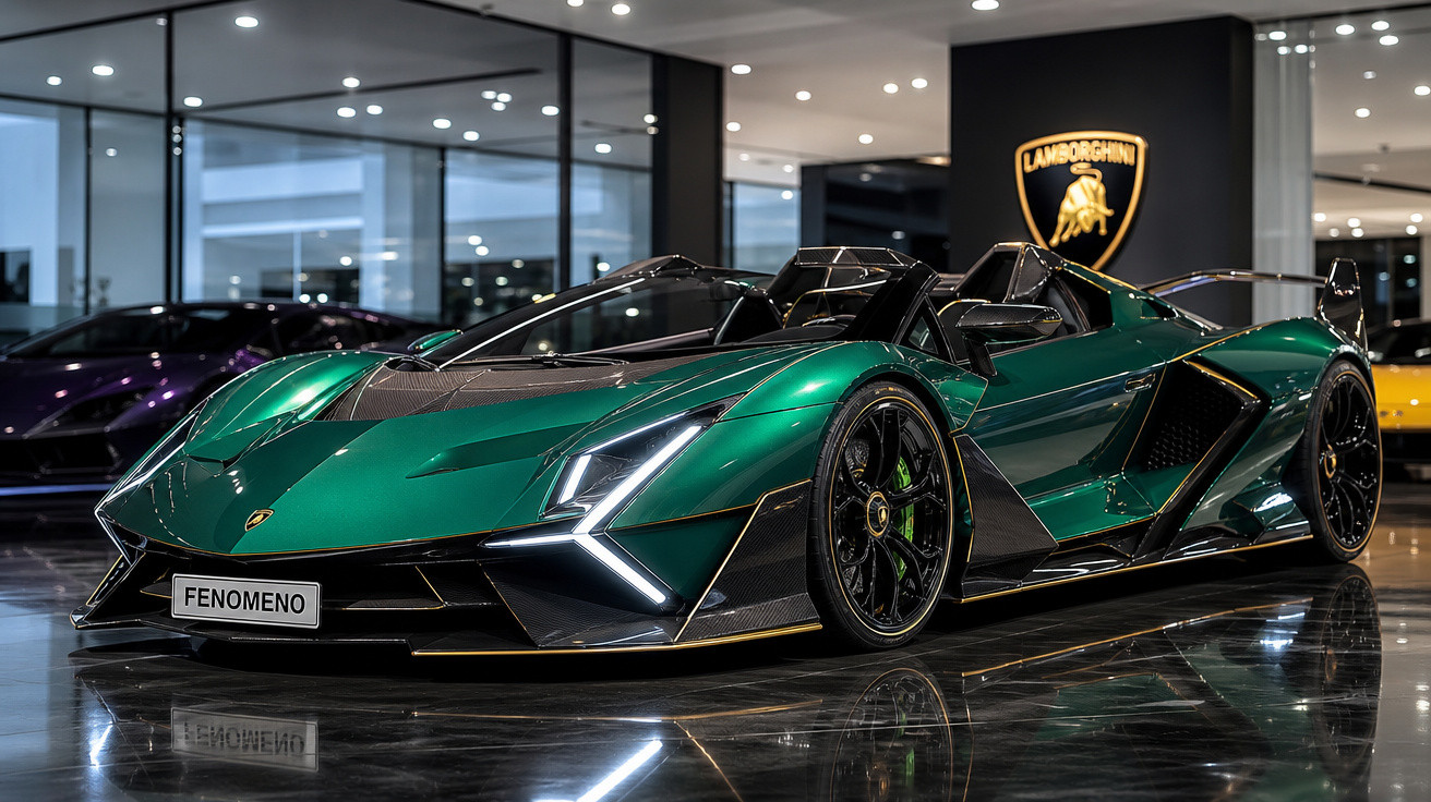 Carro esportivo Lamborghini Fenomeno verde exposto em showroom com logo da marca ao fundo.