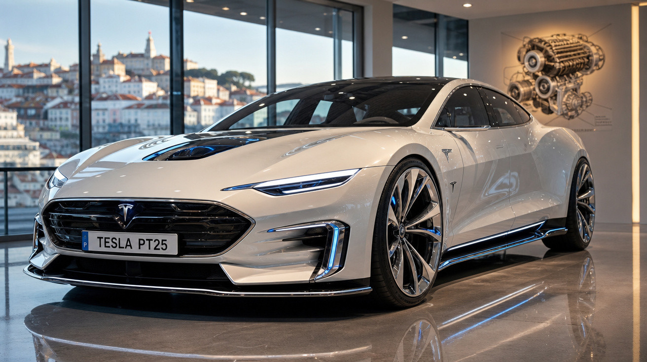 Carro esportivo elétrico branco Tesla PT25 exposto em showroom moderno com janelas amplas e vista urbana.
