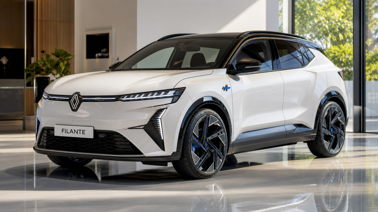 Carro elétrico Renault Filante branco em ambiente interno moderno, com design futurista e rodas esportivas.