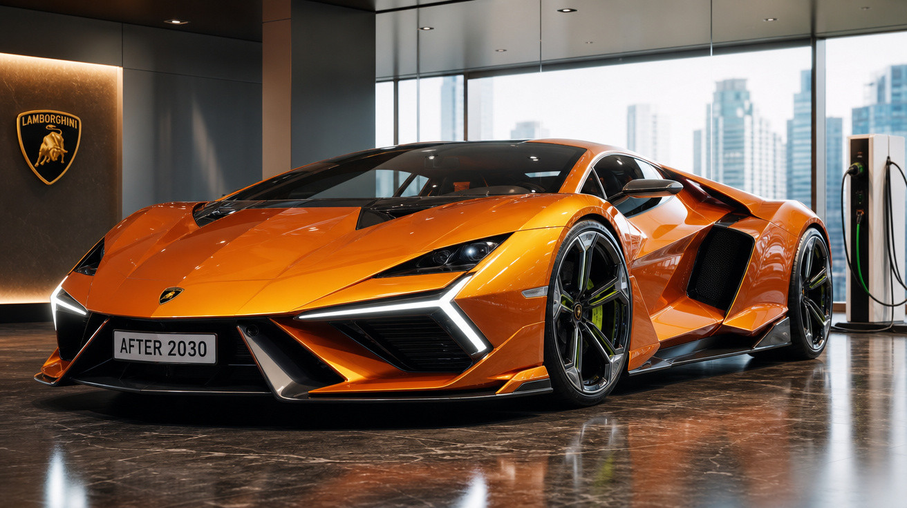 Carro esportivo Lamborghini laranja futurista em showroom moderno com iluminação aconchegante.