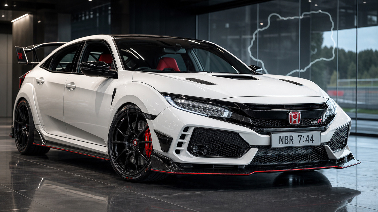 Carro esportivo Honda Civic Type R branco com detalhes em preto e rodas pretas em showroom moderno.