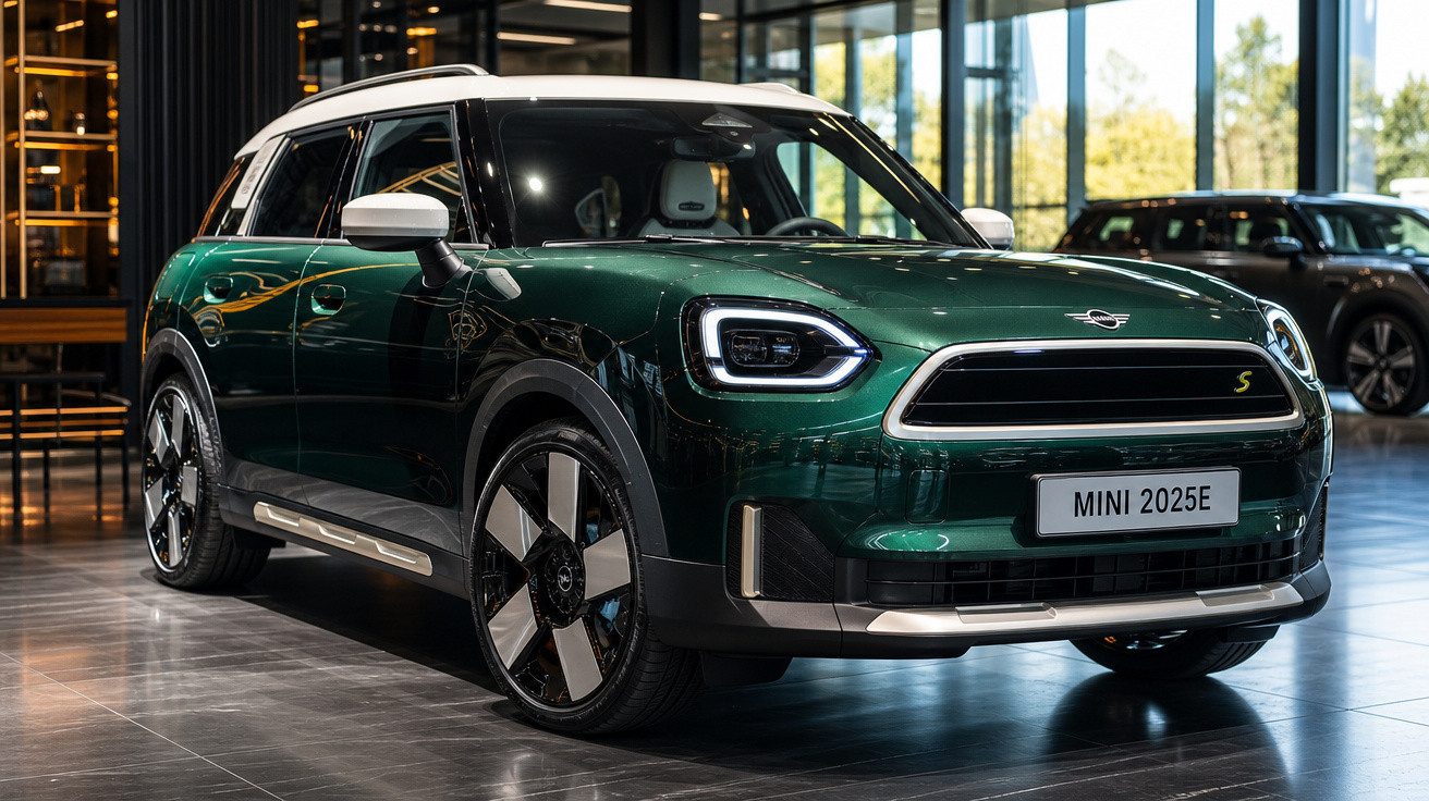 Mini Cooper 2025 verde com teto branco exposto em showroom moderno e iluminado.