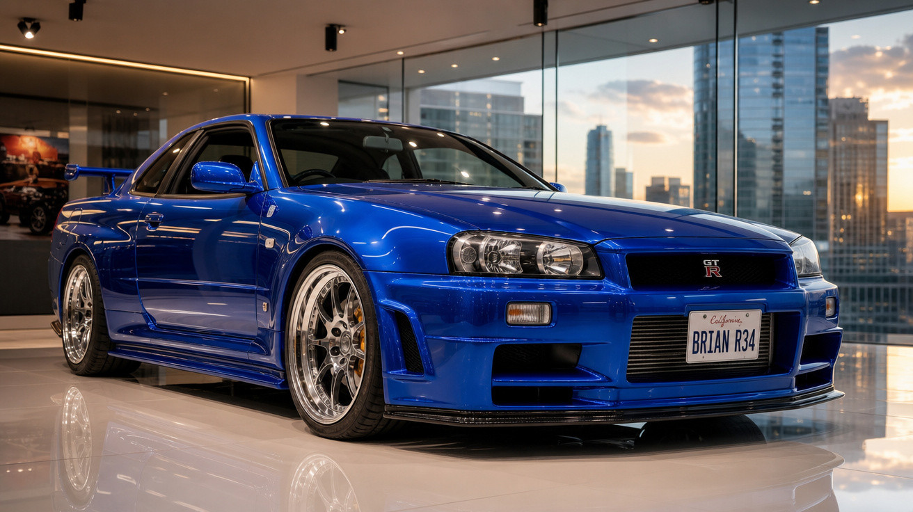 Carro esportivo azul Nissan GT-R R34 estacionado em ambiente moderno com janelas de vidro e vista urbana ao fundo.
