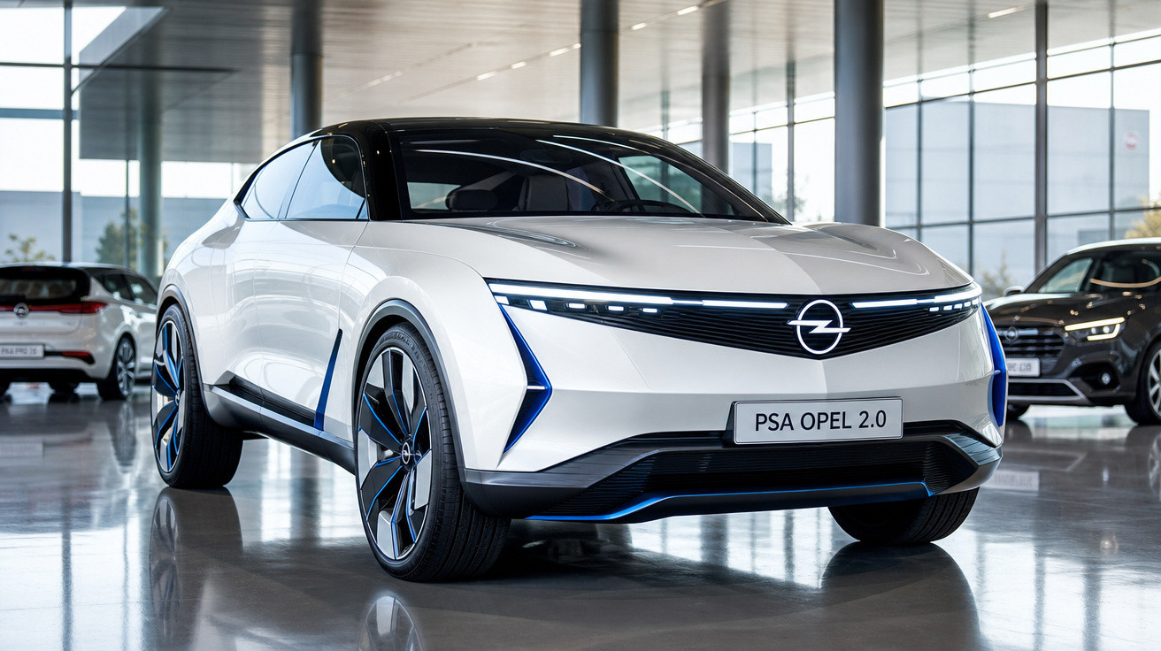 Carro elétrico SUV prata moderno e futurista da Opel em showroom com teto preto e detalhes azuis.