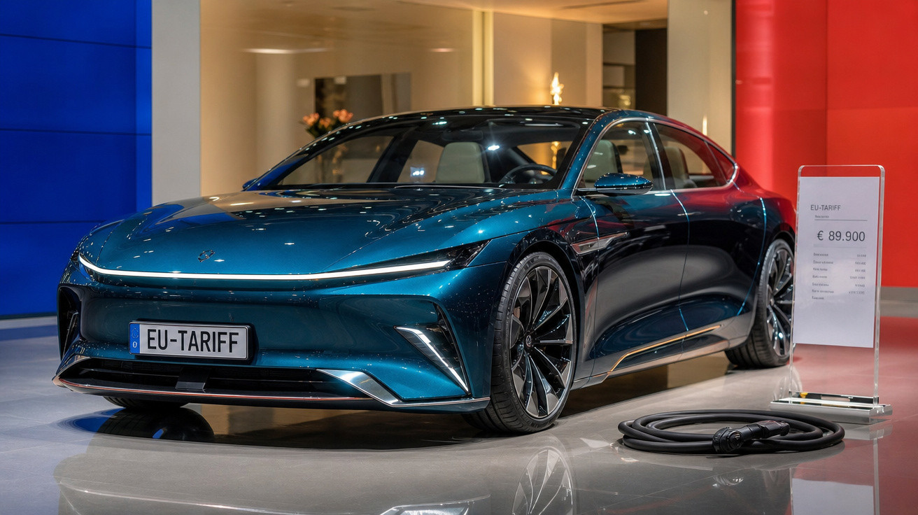 Carro elétrico azul metálico em exposição, com carregador ao lado e placa EU-TARIFF.
