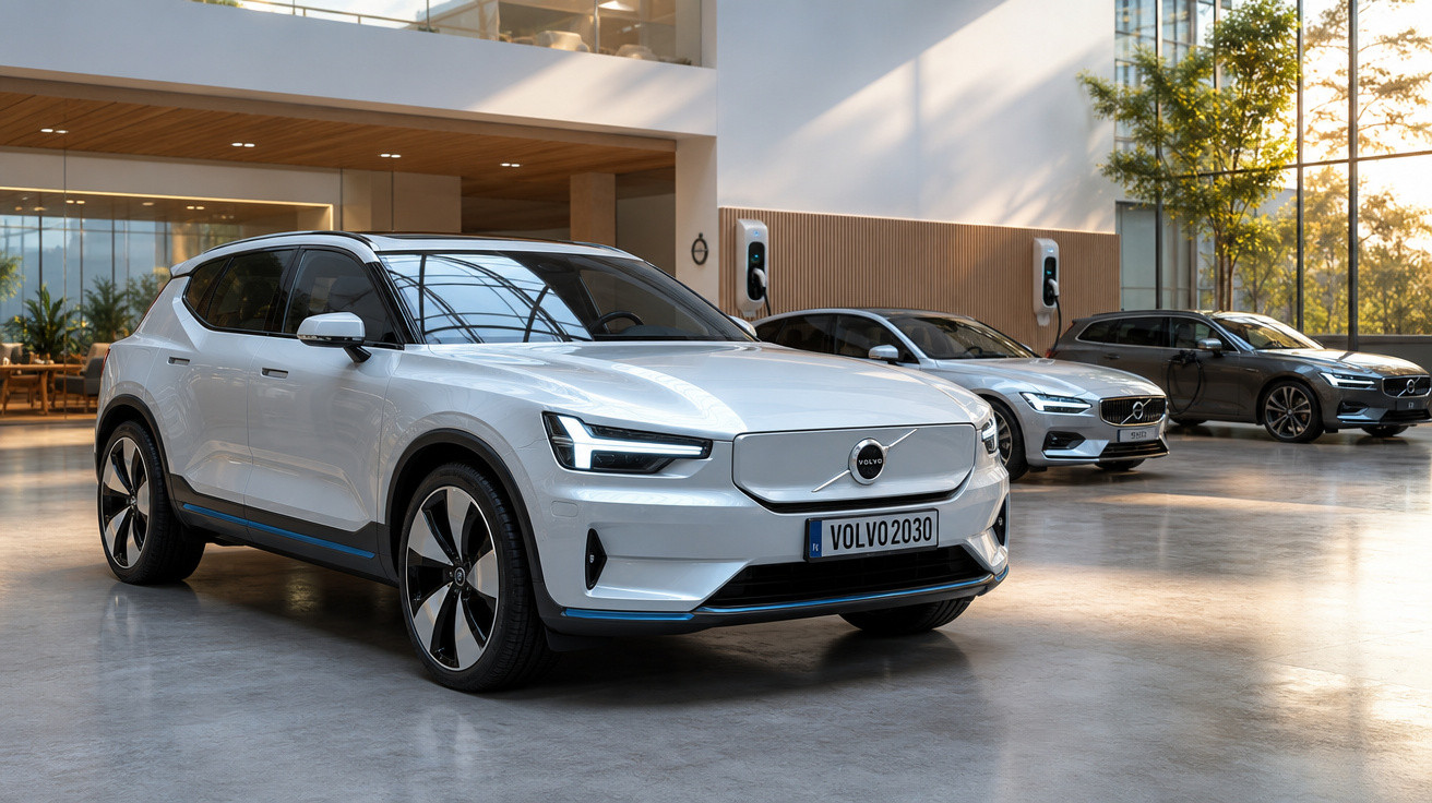 Carro elétrico Volvo branco estacionado em showroom moderno com dois carros ao fundo e pontos de recarga.