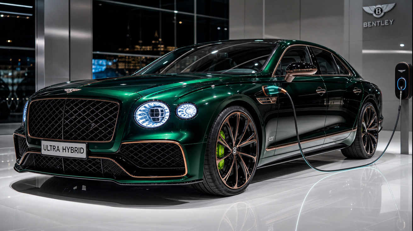 Carro sedan Bentley verde escuro híbrido plug-in conectado a carregador em showroom moderno.